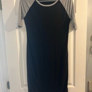 LuLaRoe Black and Gray Sheath Midi Dress with Raglan Sleeves